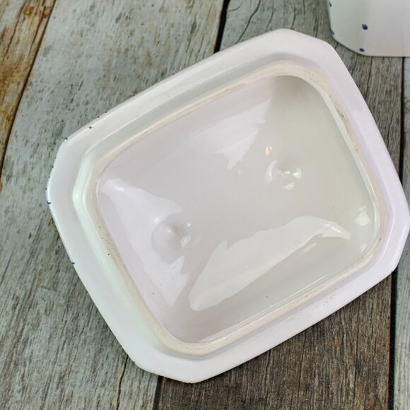 CasaFine Hand Painted Blue Polka Dot Butterfly Pink Flower Canister Jar Portugal - Picture 6 of 10